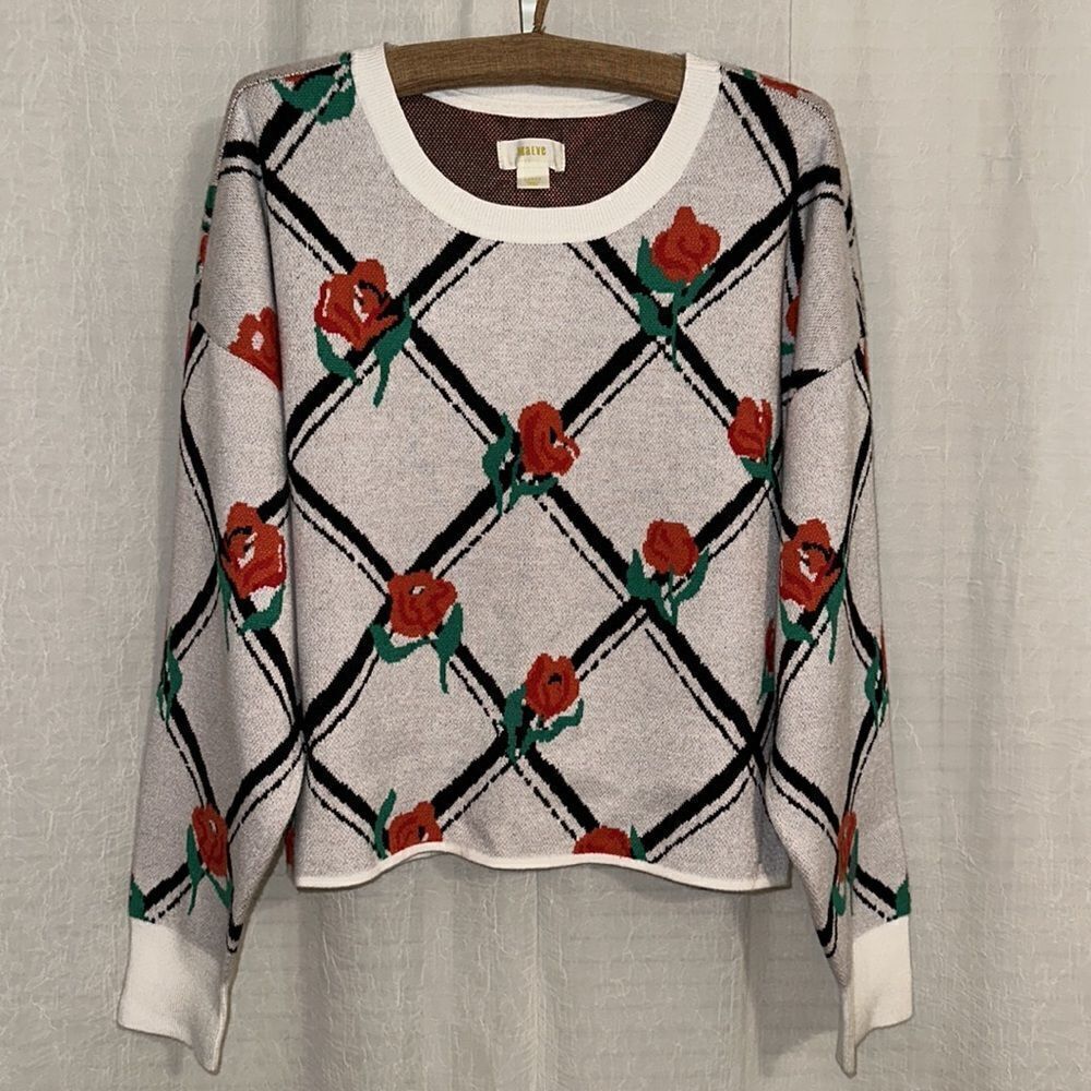 Anthropologie L Maeve Oversized Crop Crewneck Trellis Floral Pullover Sweater - Picture 8 of 16